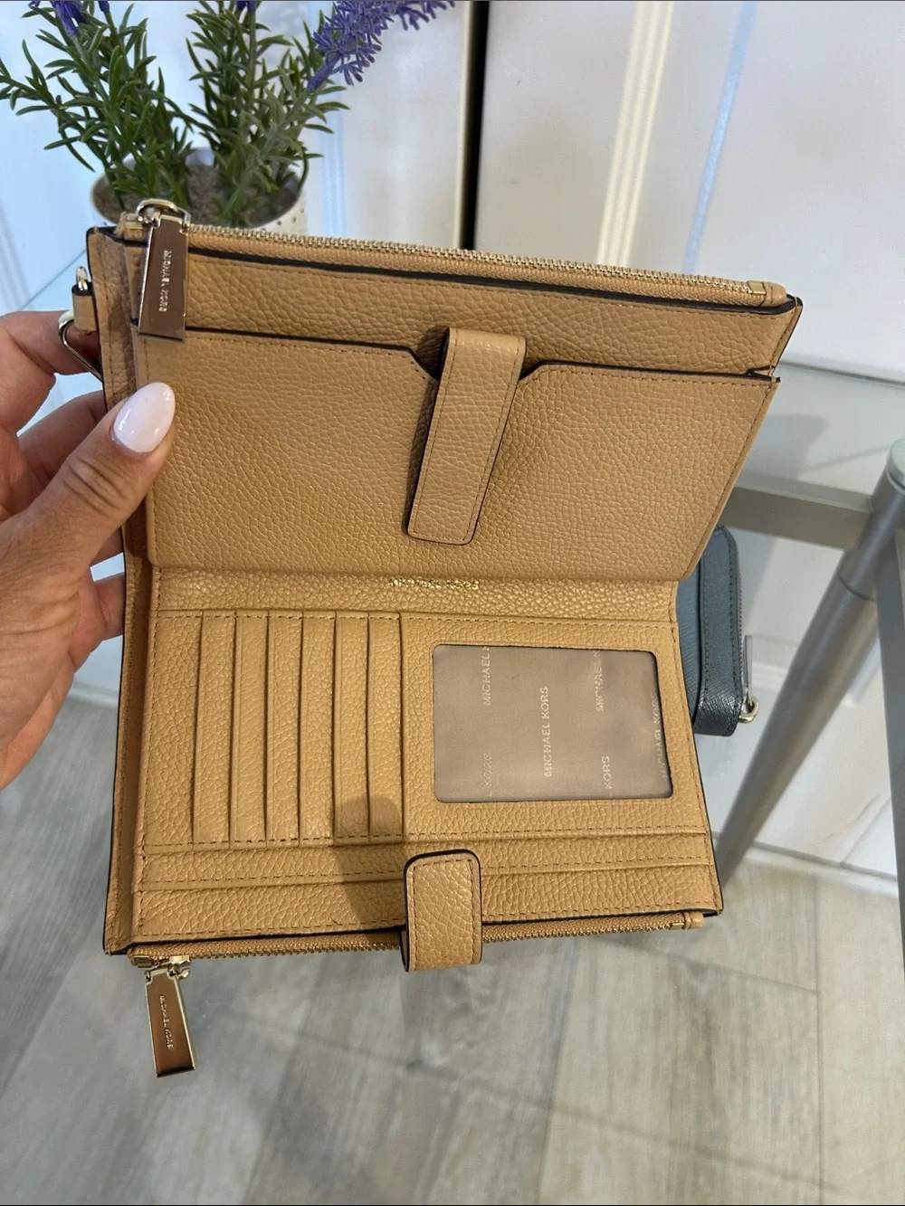 Michael Kors Blue Wallet and Tan Wristlet Set